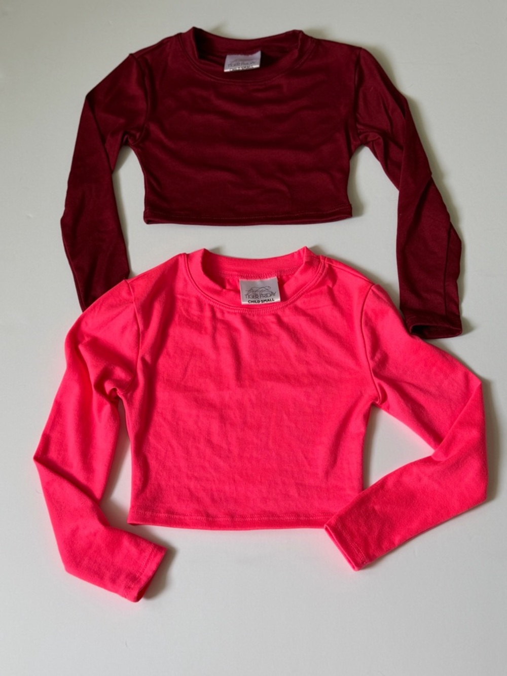 Two Tiger Friday Long-Sleeve Crop Tops — Hot Pink & Burgundy YS